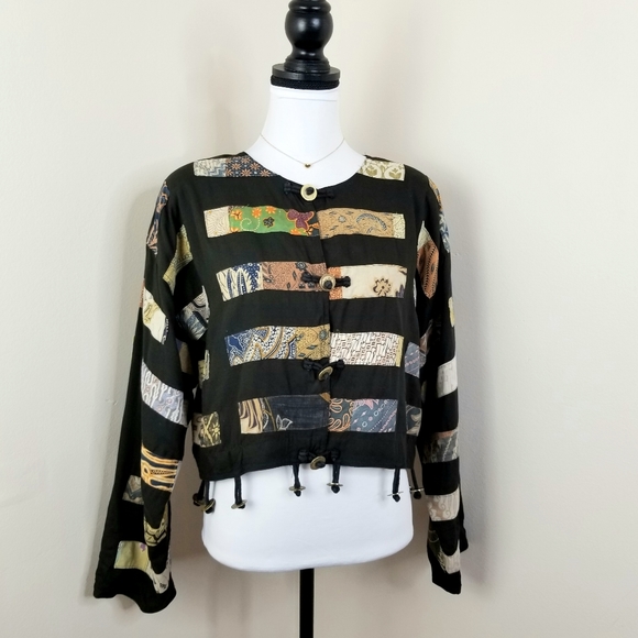 Vintage Jackets & Blazers - 80s Nativewear black boho handmade patchwork crop boxy hippie rayon jacket M L